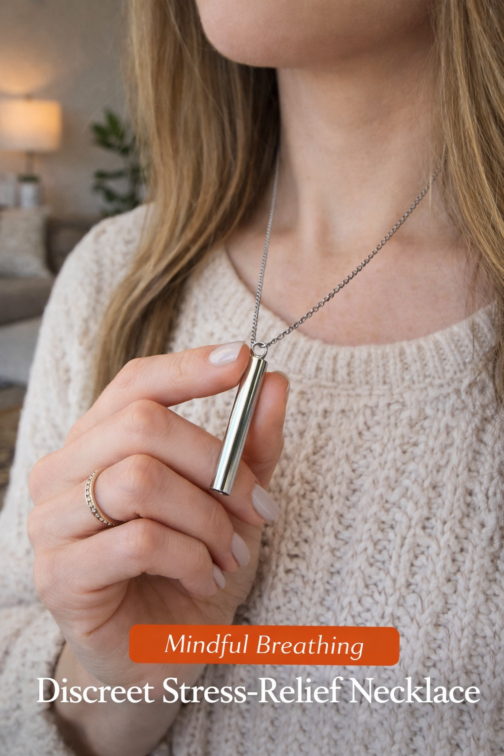 Person wearing Coping Life breathing necklace as a wearable mindfulness tool