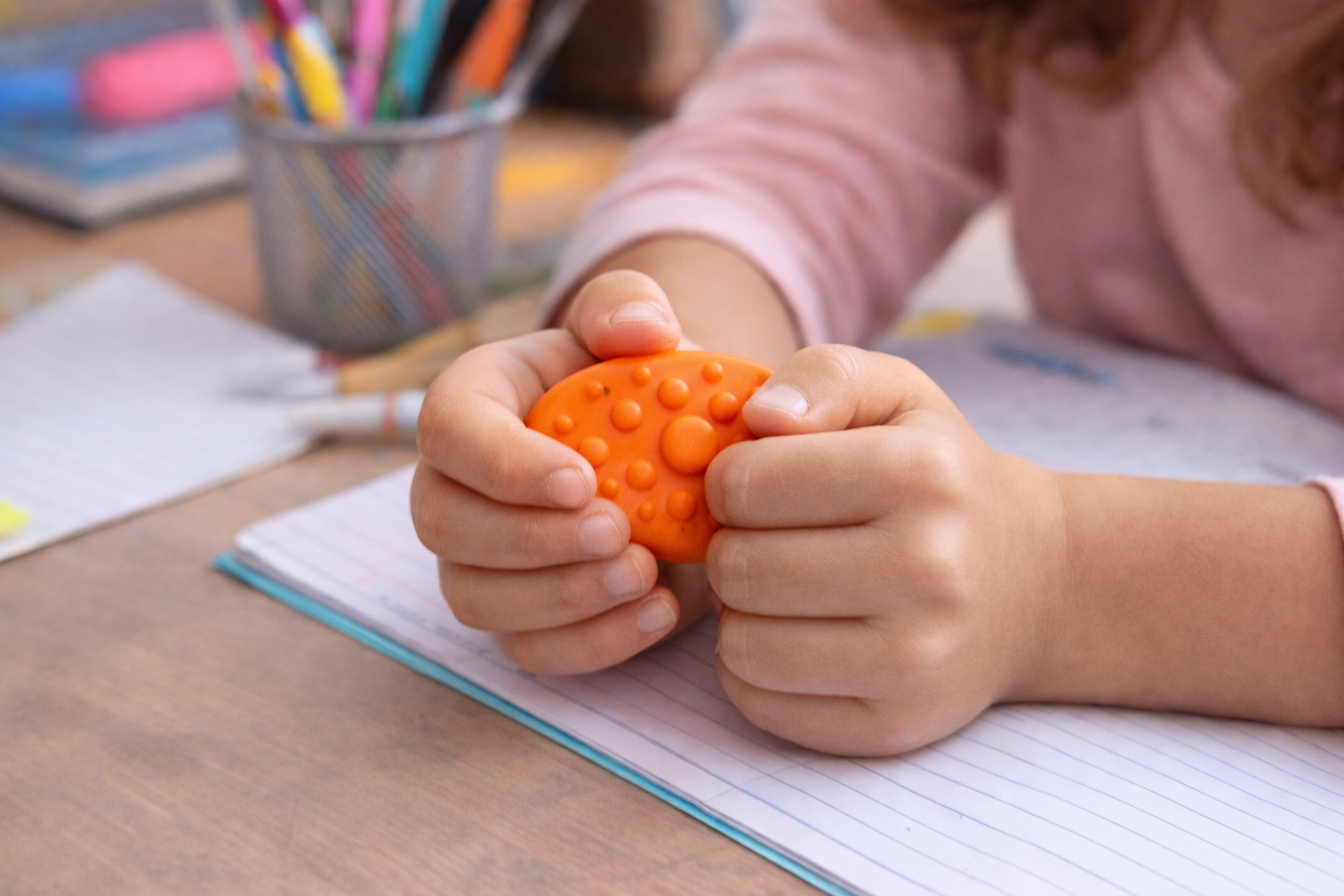 Child's hand holding a worry stone from the Coping Skills Kids Kit showing size and texture