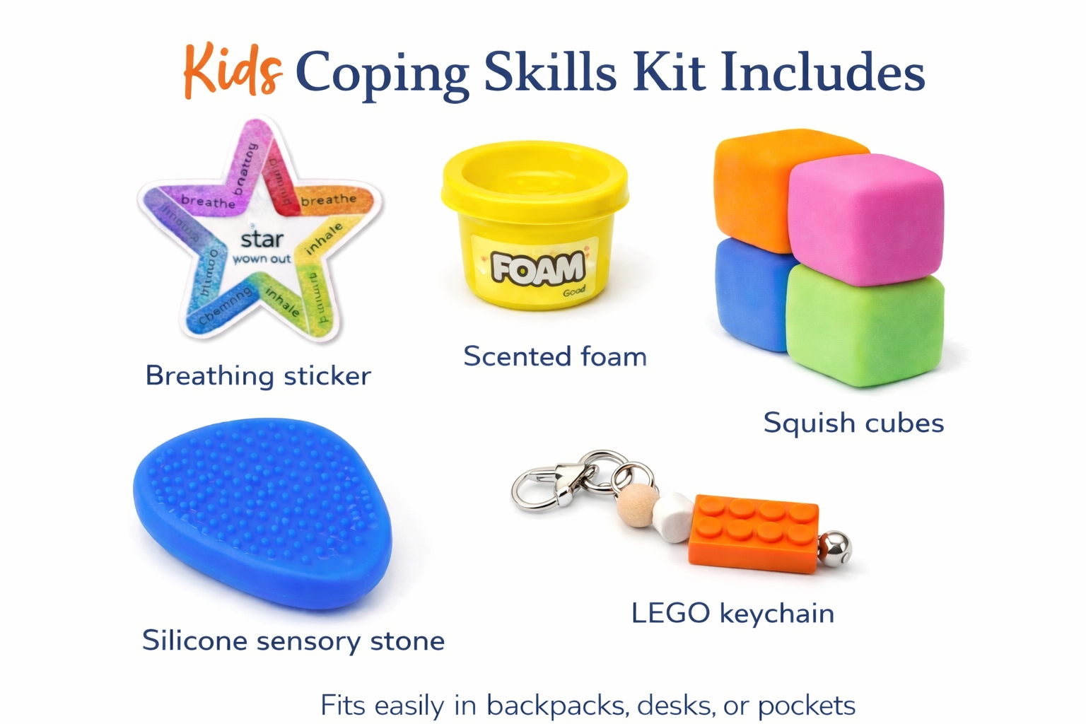 Coping Skills Kids Kit with breathing sticker, scented foam, squish cubes, silicone sensory stone, and LEGO keychain on a white background.