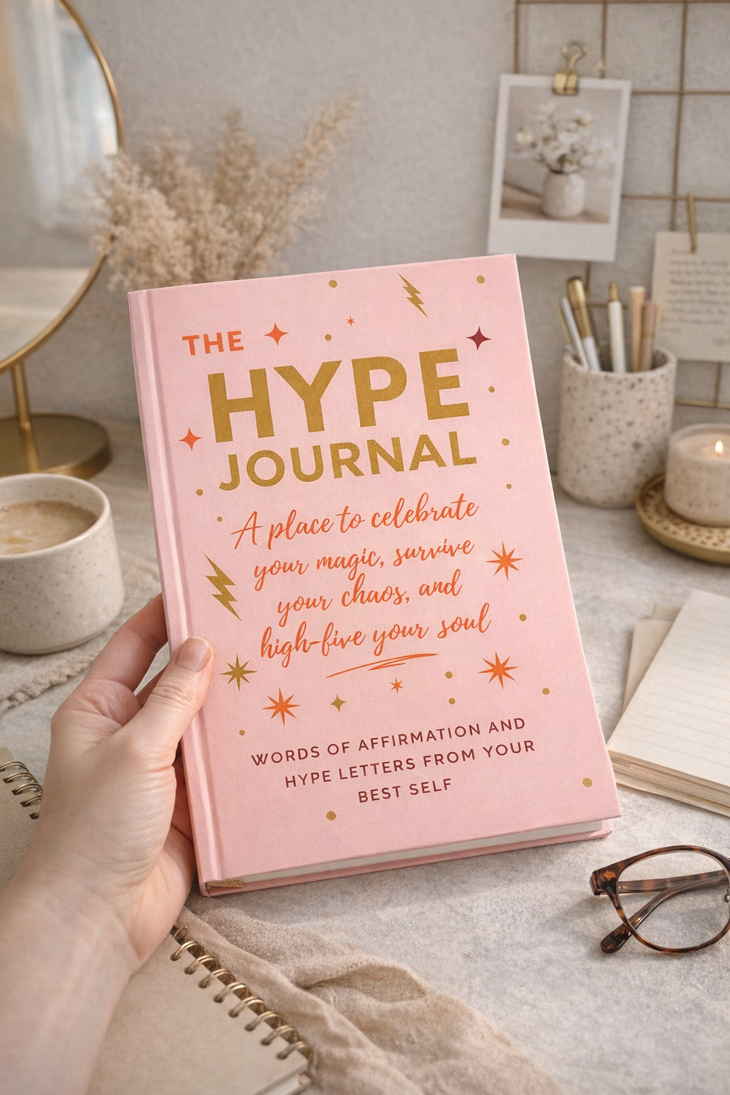 Pink journal titled 'The Hype Journal' held by a hand on a desk with decor items.